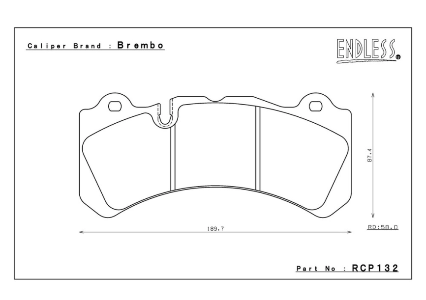 Тормозные колодки Endless RCP132 MX72 для Brembo® GT6 Callipers Wide Rotors (58mm pad depth) Brembo Pad # 07.9551.13 передние фото 1